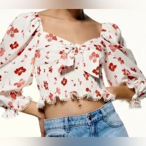 ZARA Linen Blend Floral Crop Top Smocked Front Tie Blouse L Sweetheart Neck NEW